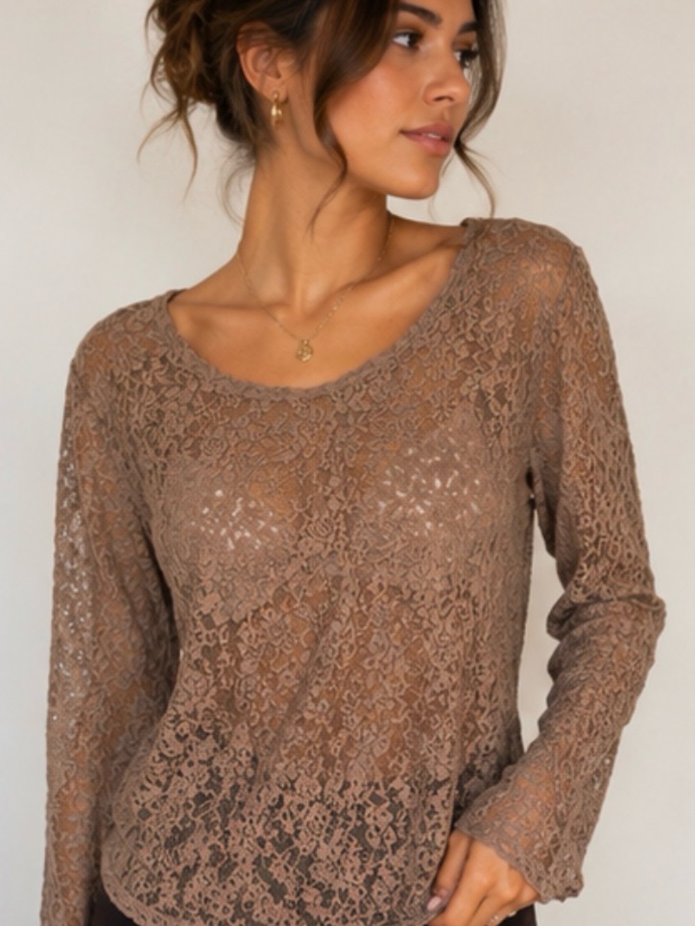 Ellen Tracy Brown Floral Lace Sheer Long Sleeve